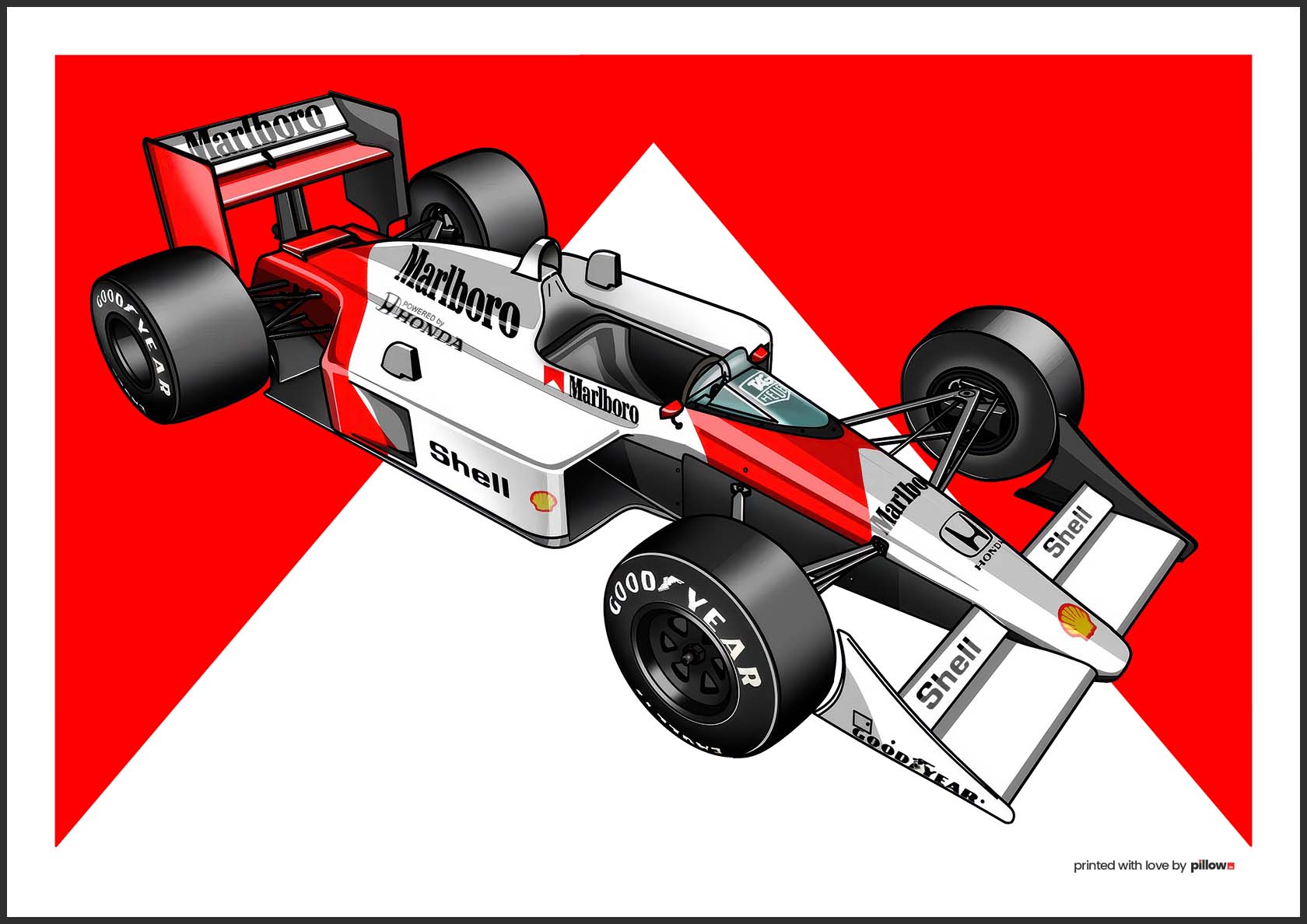 Plagát monopostu McLaren MP4 zo sezóny 1988 s legendárnym autom, ideálny pre nadšencov Formuly 1 a fanúšikov tímu McLaren.