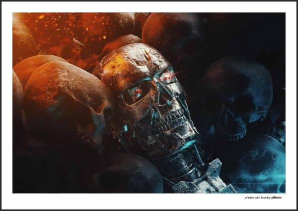 Filmový poster s motívom Terminátora v akčnom prevedení, kvalitný papier a hliníkový rám, rozmery od A3 až A0.