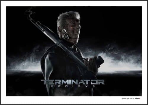 Filmový poster s motívom Terminátora v akčnom prevedení, kvalitný papier a hliníkový rám, rozmery od A3 až A0.