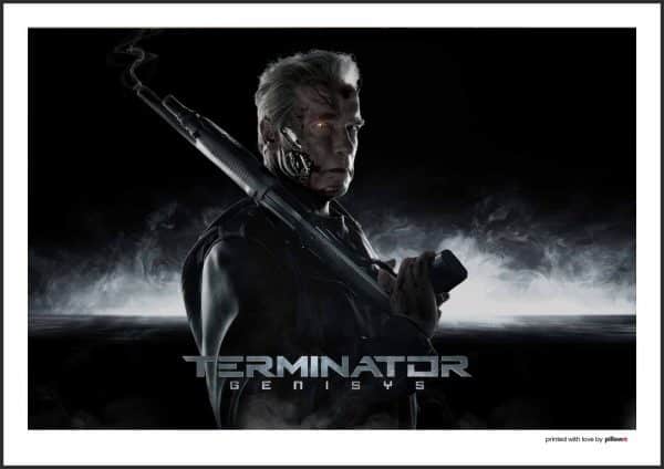 Filmový poster s motívom Terminátora v akčnom prevedení, kvalitný papier a hliníkový rám, rozmery od A3 až A0.