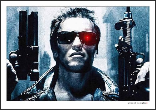 Filmový poster s motívom Terminátora v akčnom prevedení, kvalitný papier a hliníkový rám, rozmery od A3 až A0.