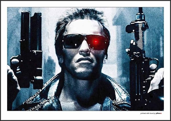 Filmový poster s motívom Terminátora v akčnom prevedení, kvalitný papier a hliníkový rám, rozmery od A3 až A0.