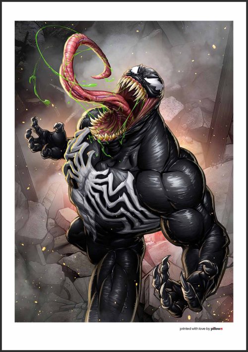 Plagát s postavou Venoma, ikonickým antihrdinom z Marvel sveta, v temnom a dynamickom dizajne, ideálny pre fanúšikov komiksov.