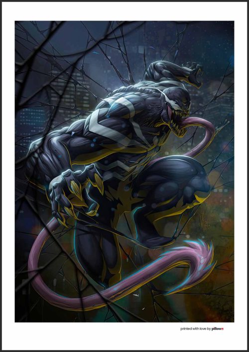 Plagát s postavou Venoma, ikonickým antihrdinom z Marvel sveta, v temnom a dynamickom dizajne, ideálny pre fanúšikov komiksov.