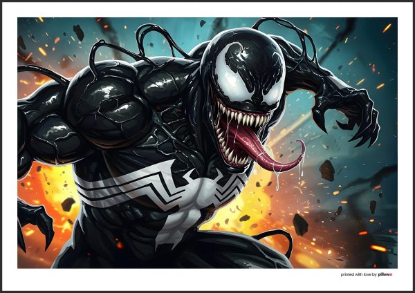 Plagát Venoma, démonickým antihrdinom z Marvel sveta, v temnom dizajne, ideálny pre filmových fanúšikov.