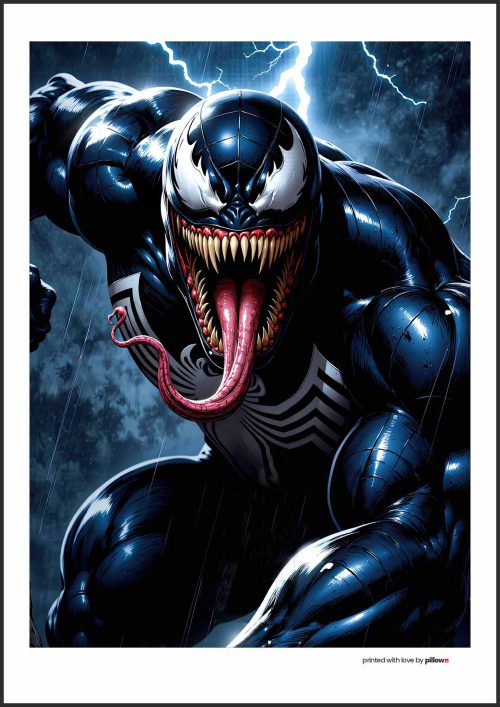 Plagát s postavou Venoma, ikonickým antihrdinom z Marvel sveta, v temnom a dynamickom dizajne, ideálny pre fanúšikov komiksov.