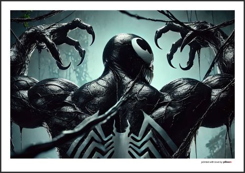 Plagát Venoma, démonickým antihrdinom z Marvel sveta, v temnom dizajne, ideálny pre filmových fanúšikov.
