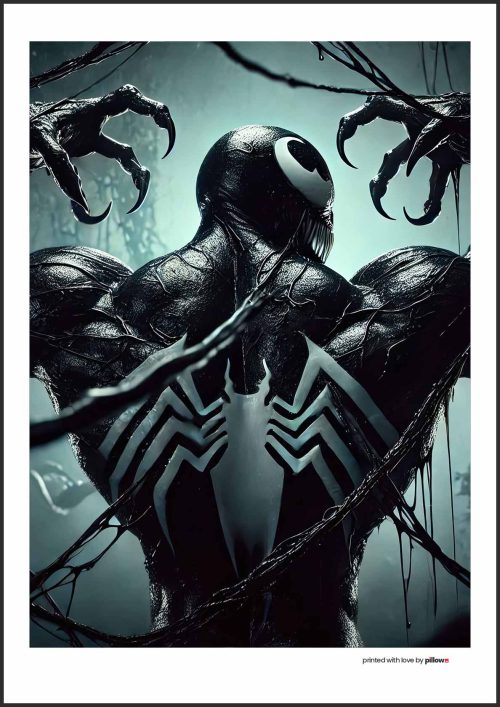 Plagát s postavou Venoma, ikonickým antihrdinom z Marvel sveta, v temnom a dynamickom dizajne, ideálny pre fanúšikov komiksov.