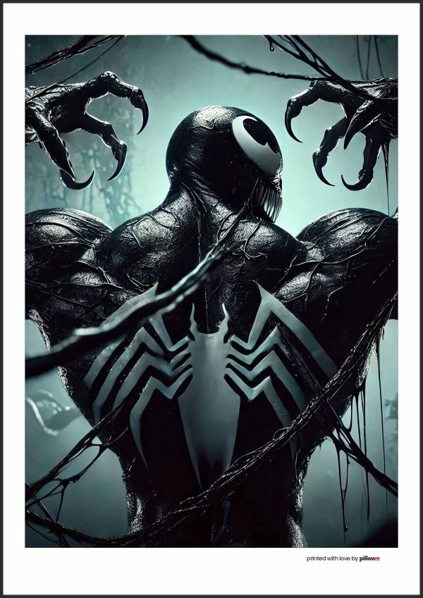 Plagát s postavou Venoma, ikonickým antihrdinom z Marvel sveta, v temnom a dynamickom dizajne, ideálny pre fanúšikov komiksov.