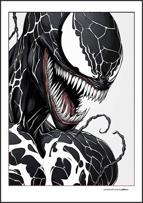 Plagát s postavou Venoma, ikonickým antihrdinom z Marvel sveta, v temnom a dynamickom dizajne, ideálny pre fanúšikov komiksov.