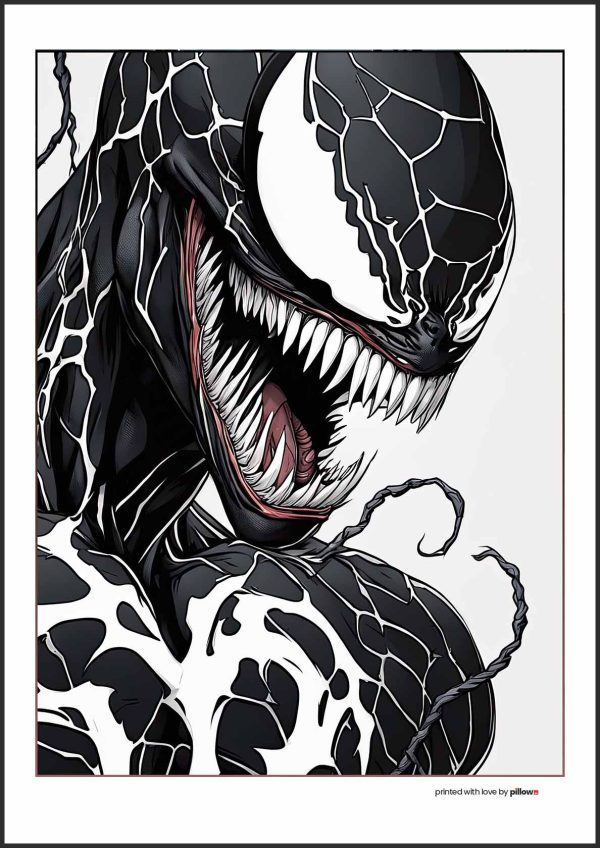 Plagát s postavou Venoma, ikonickým antihrdinom z Marvel sveta, v temnom a dynamickom dizajne, ideálny pre fanúšikov komiksov.