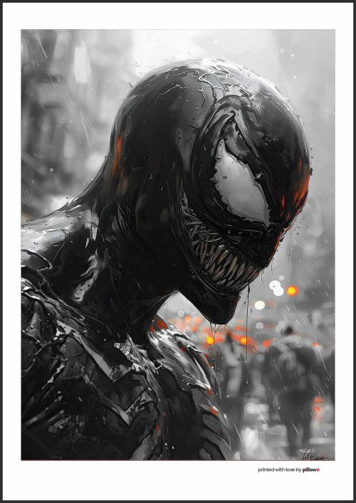 Plagát s postavou Venoma, ikonickým antihrdinom z Marvel sveta, v temnom a dynamickom dizajne, ideálny pre fanúšikov komiksov.