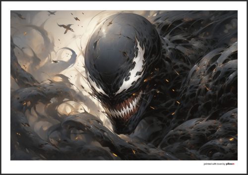 Plagát Venoma, démonickým antihrdinom z Marvel sveta, v temnom dizajne, ideálny pre filmových fanúšikov.