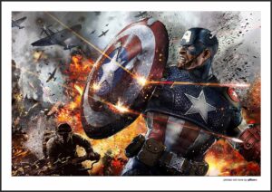 Captain America poster s hrdinom a štítom, ideálny darček pre fanúšikov. Antireflexné sklo, hliníkový rám, jasné stálofarebné farby, filmový plagát