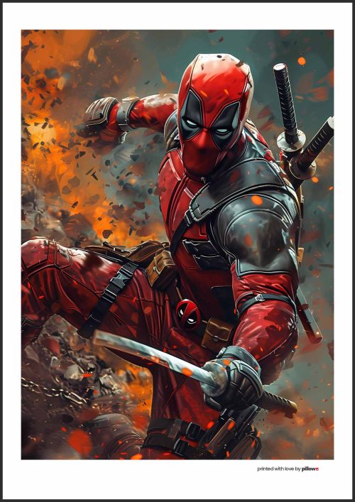 Plagát k filmu Deadpool s} postavou v kostýme,l so zbraňami a dramatickými plameňmi v ppppp. Dekorácia pre fanúšikov akcie a humoru.