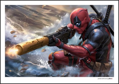 Plagát Deadpool v akcii. Brodí sa vodou, drží zbraň a strieľa. Plagát má antireflexné sklo.