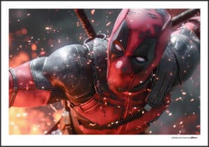 Plagát k filmu Deadpool zobrazujúci postavu v akčnej bojovej póze, s mečom na chrbte a v plameňoch. Ideálny pre milovníkov komiksových akcií.