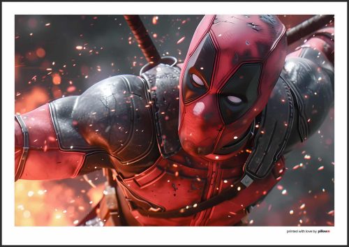Plagát k filmu Deadpool zobrazujúci postavu v akčnej bojovej póze, s mečom na chrbte a v plameňoch. Ideálny pre milovníkov komiksových akcií.