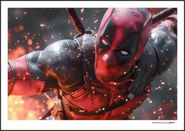 Plagát k filmu Deadpool zobrazujúci postavu v akčnej bojovej póze, s mečom na chrbte a v plameňoch. Ideálny pre milovníkov komiksových akcií.
