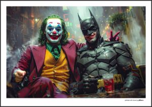 Umelecký poster Joker a Batman – maľba s moderným dizajnom v čiernom hliníkovom ráme s antireflexným sklom. Kvalitný produkt pre štýlovú dekoráciu