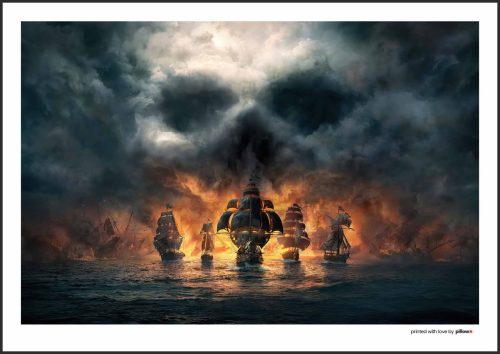 Detailný záber na plagát s motívom z filmu Piráti z Karibiku. Na plagáte je zobrazená veľká lebka nad piatimi plávajúcimi loďami, ktoré sú v pozadí ohnivých plameňov.
