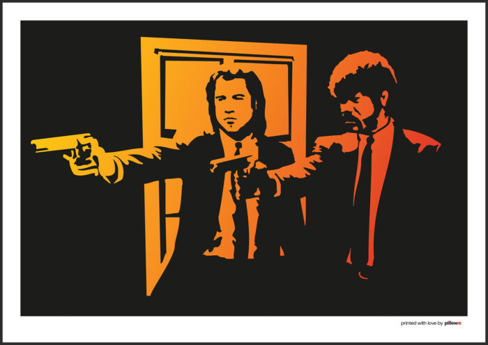 Plagát Pulp Fiction s retro fotkou v umeleckom spracovaní, vysoko kvalitný papier v hliníkovom ráme, ideálny pre fanúšikov a zberateľov.