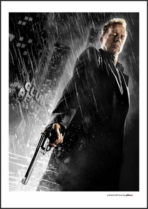 Plagát z filmu Sin City, postava držiaca pištoľ v daždi, čierno-biely filmový motív s vysokým kontrastom, ideálny pre fanúšikov temných thrillerov