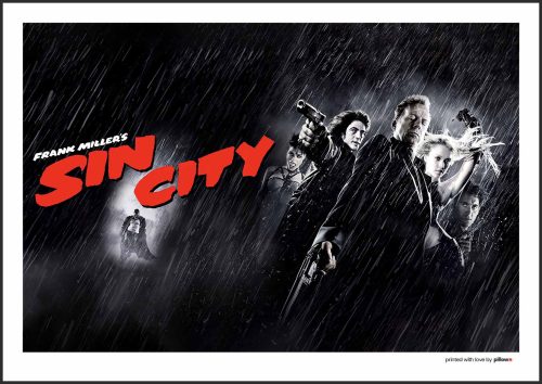 Plagát Sin City - Čierne pozadie, ikonické postavy so zbraňami, červený nápis. Ideálny doplnok pre filmových nadšencov a fanúšikov noir štýlu.