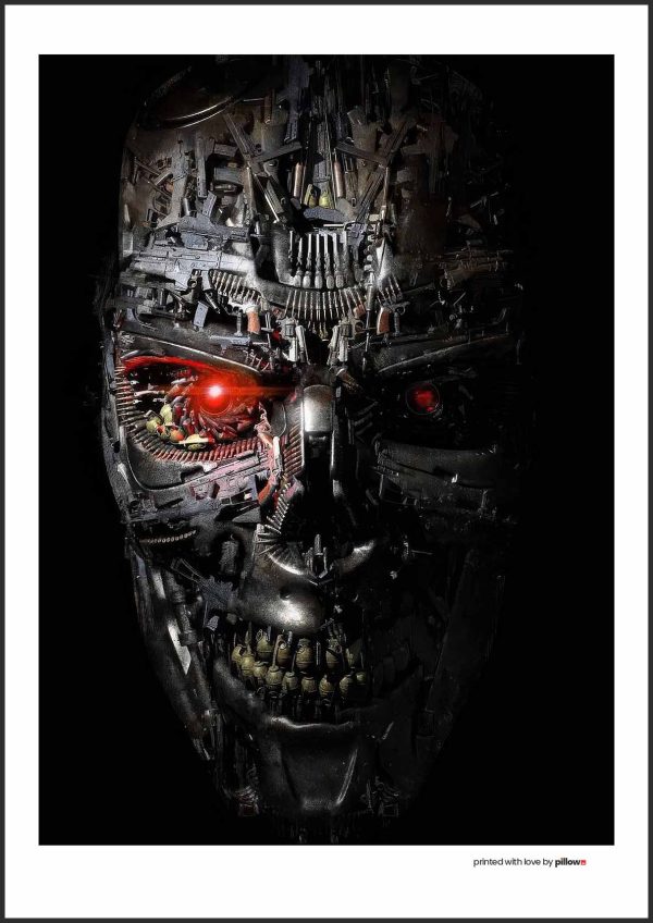 Plagát k filmu Terminátor s detailným záberom svietiaceho červeného oka na čiernom pozadí. Ikonický sci-fi poster s temným futuristickým nádychom