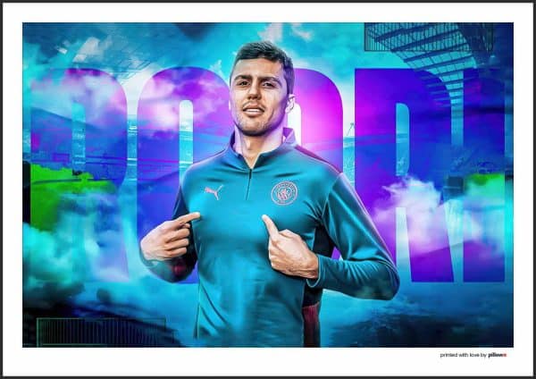 Plagát futbalistu Rodriho v akcii, profesionálna tlač na kvalitný papier, ideálny doplnok pre fanúšikov futbalu.