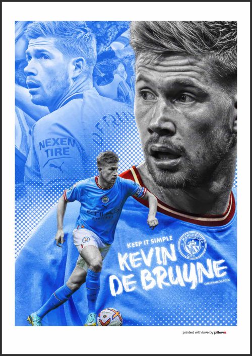 Plagát s Kevinom De Bruyneom, stredopoliarom Manchester City, znázorňuje jeho precíznu hru a vodcovstvo, ideálny pre futbalových fanúšikov.