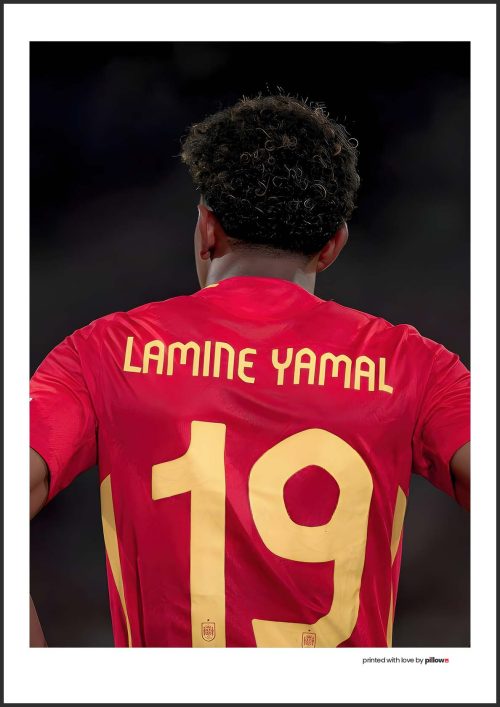 Plagát Lamine Yamal v drese španielskej reprezentácie s číslom 19 – ideálna dekorácia pre fanúšikov futbalu a La Roja.