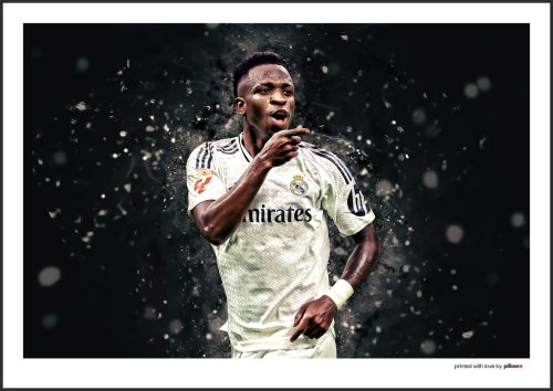 Poster s Viníciusom Júniorom, futbalistom Real Madrid, zachytávajúci jeho dynamiku a vášeň pre hru, ideálny suvenír pre fanúšikov.
