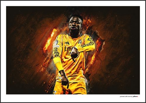 Poster s Viníciusom Júniorom, futbalistom Real Madrid, zachytávajúci jeho dynamiku a vášeň pre hru, ideálny suvenír pre fanúšikov.
