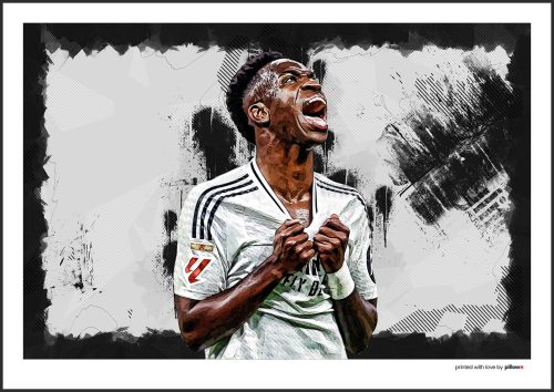 Poster s Viníciusom Júniorom, futbalistom Real Madrid, zachytávajúci jeho dynamiku a vášeň pre hru, ideálny suvenír pre fanúšikov.
