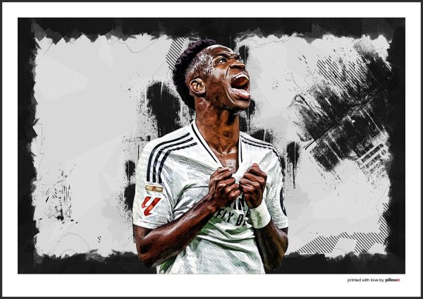 Poster s Viníciusom Júniorom, futbalistom Real Madrid, zachytávajúci jeho dynamiku a vášeň pre hru, ideálny suvenír pre fanúšikov.