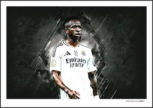 Poster s Viníciusom Júniorom, futbalistom Real Madrid, zachytávajúci jeho dynamiku a vášeň pre hru, ideálny suvenír pre fanúšikov.