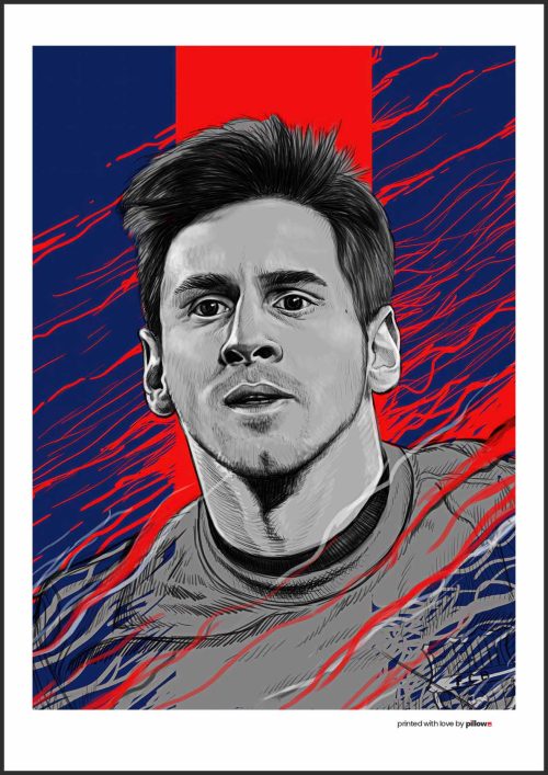 Lionel Messi pri driblovaní na futbalovom plagáte