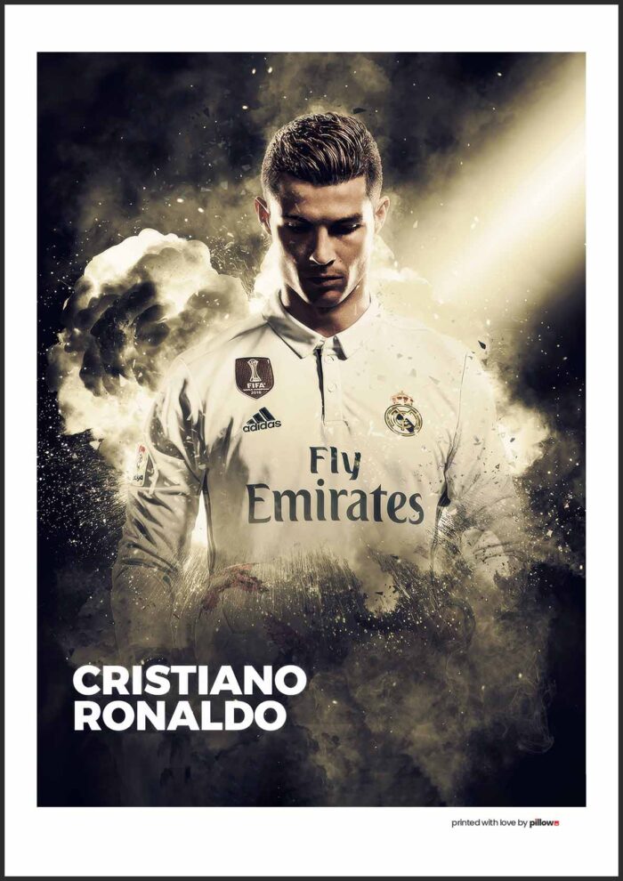 Prémiový Cristiano Ronaldo poster v rozmeroch 50x70 cm s hliníkovým rámom a antireflexným sklom. Dokonalý doplnok na stenu pre futbalových fanúšikov