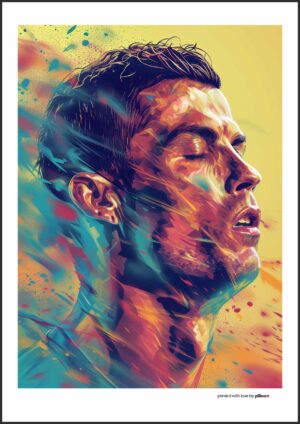 Plagát Cristiano Ronaldo 40x30 cm v červeno-modrom dizajne s kvalitným plátnom. Stálofarebný plagát, ktorý dodá štýl každej stene