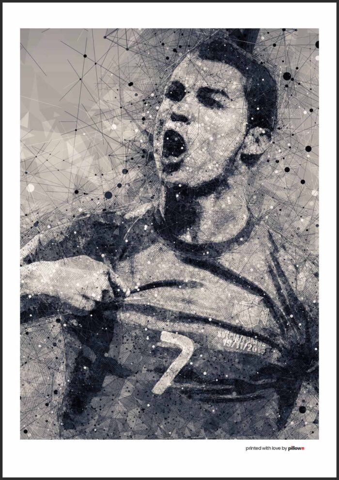 Stálofarebný poster Cristiano Ronaldo 50x70 cm s hliníkovým rámom a antireflexným sklom. Kvalitný plagát na stenu pre fanúšikov futbalu