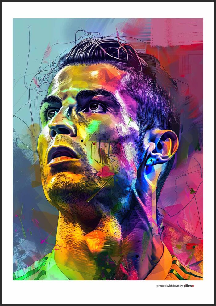 Plagát Cristiano Ronaldo červeno-žltom dizajne s hliníkovým rámom. Perfektný plagát na stenu pre fanúšikov futbalu