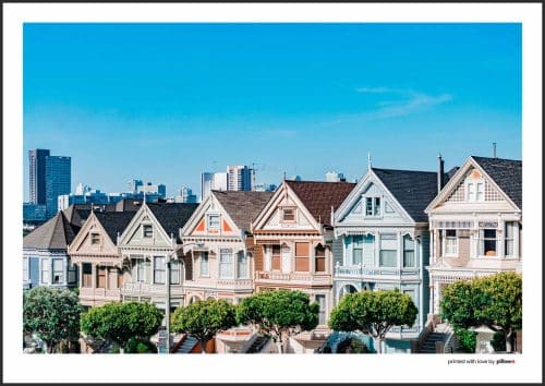 Plagát so záberom na San Francisco, moderný dizajn, kvalitná tlač, vhodný na zavesenie, ideálny do izby či kancelárie.