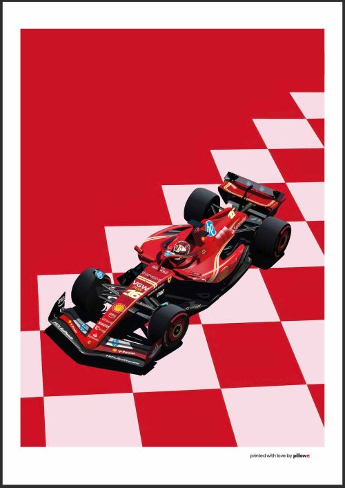Prémiový plagát s Ferrari F1 monopostom na červeno-bielom šachovnicovom pozadí, ideálny pre fanúšikov Formuly 1 a motoršportu.