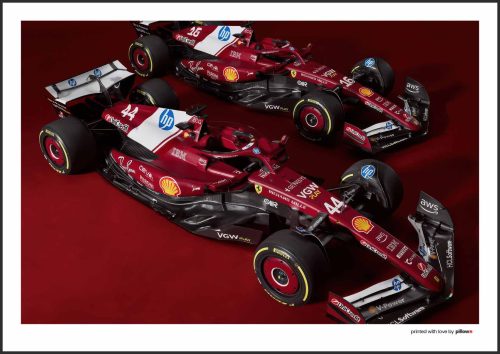 Plagát tímu Scuderia Ferrari SF-25 pre sezónu 2025 v detailnom spracovaní v ikonických farbách.