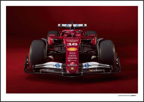 Plagát tímu Scuderia Ferrari SF-25 pre sezónu 2025 v detailnom spracovaní v ikonických farbách.
