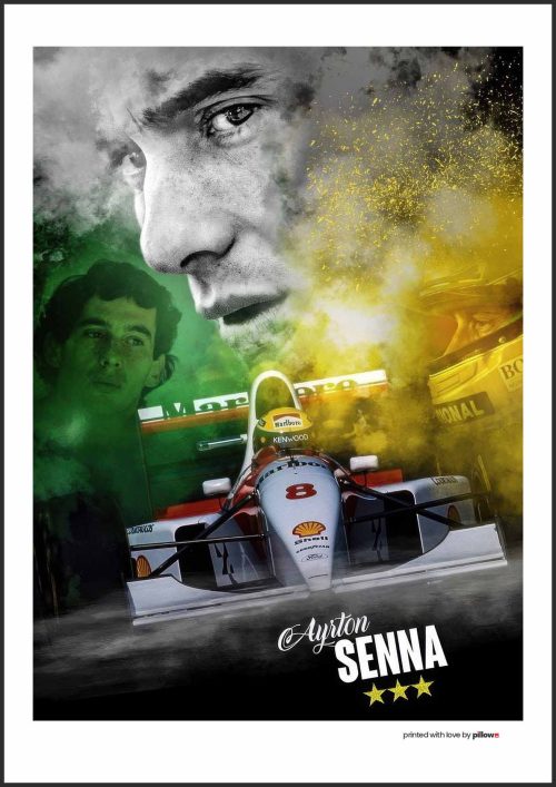 Detailný záber Ayrtona Sennu v helme na plagáte