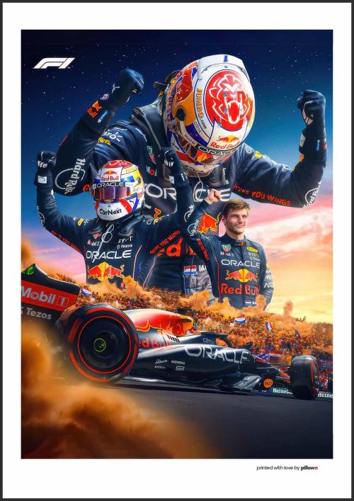 F1 plagát Maxa Verstappena, známeho pretekára, s jeho pretekárskym autom na trati.