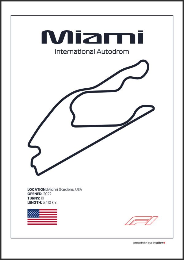 Plagát Miami – Ikonický pretekársky okruh Formuly 1 v USA, dostupný s bielym pozadím pre štýlový interiér.