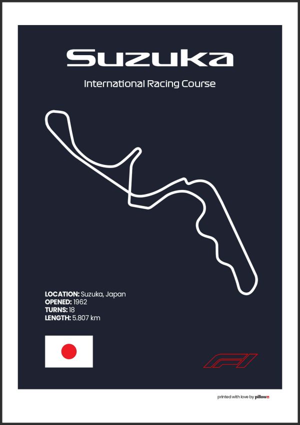 Plagát Suzuka – Ikonický pretekársky okruh Formuly 1 v Japonsku, dostupný s tmavomodrým pozadím pre štýlový interiér.